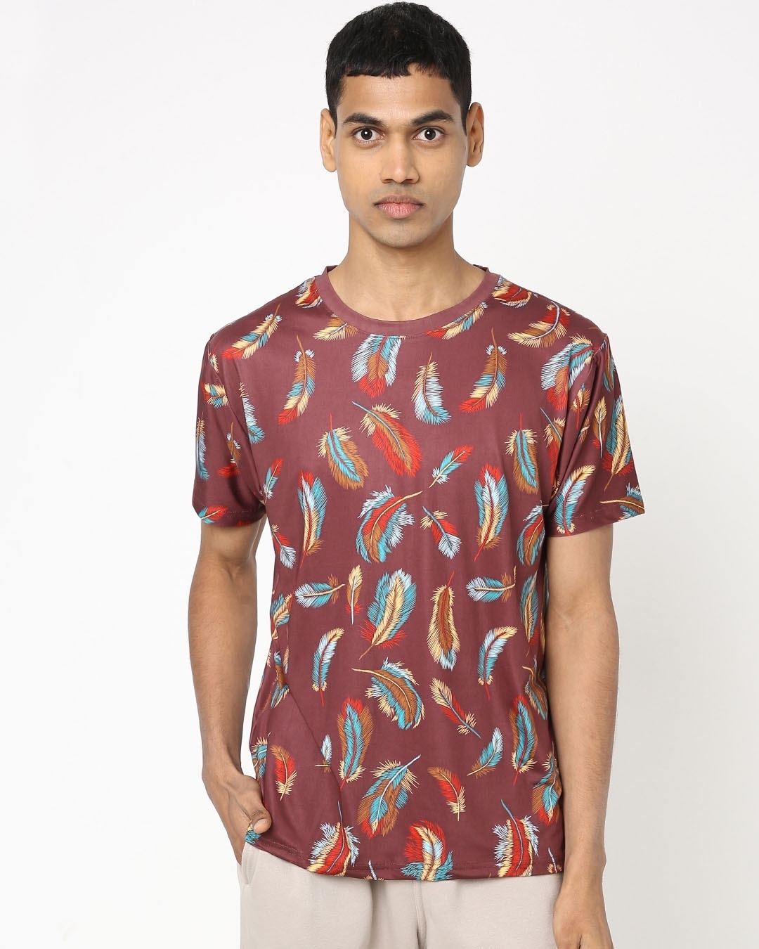 Shop Men's Maroon All Over Feather Printed T-shirt-Front