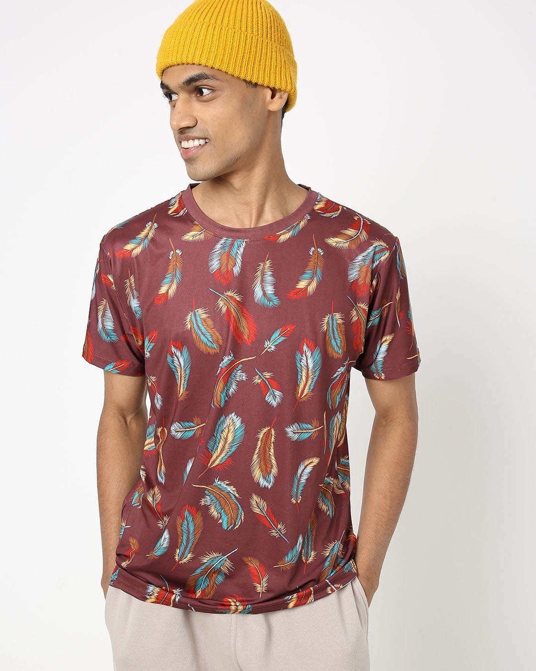 Shop Men's Maroon All Over Feather Printed T-shirt-Full