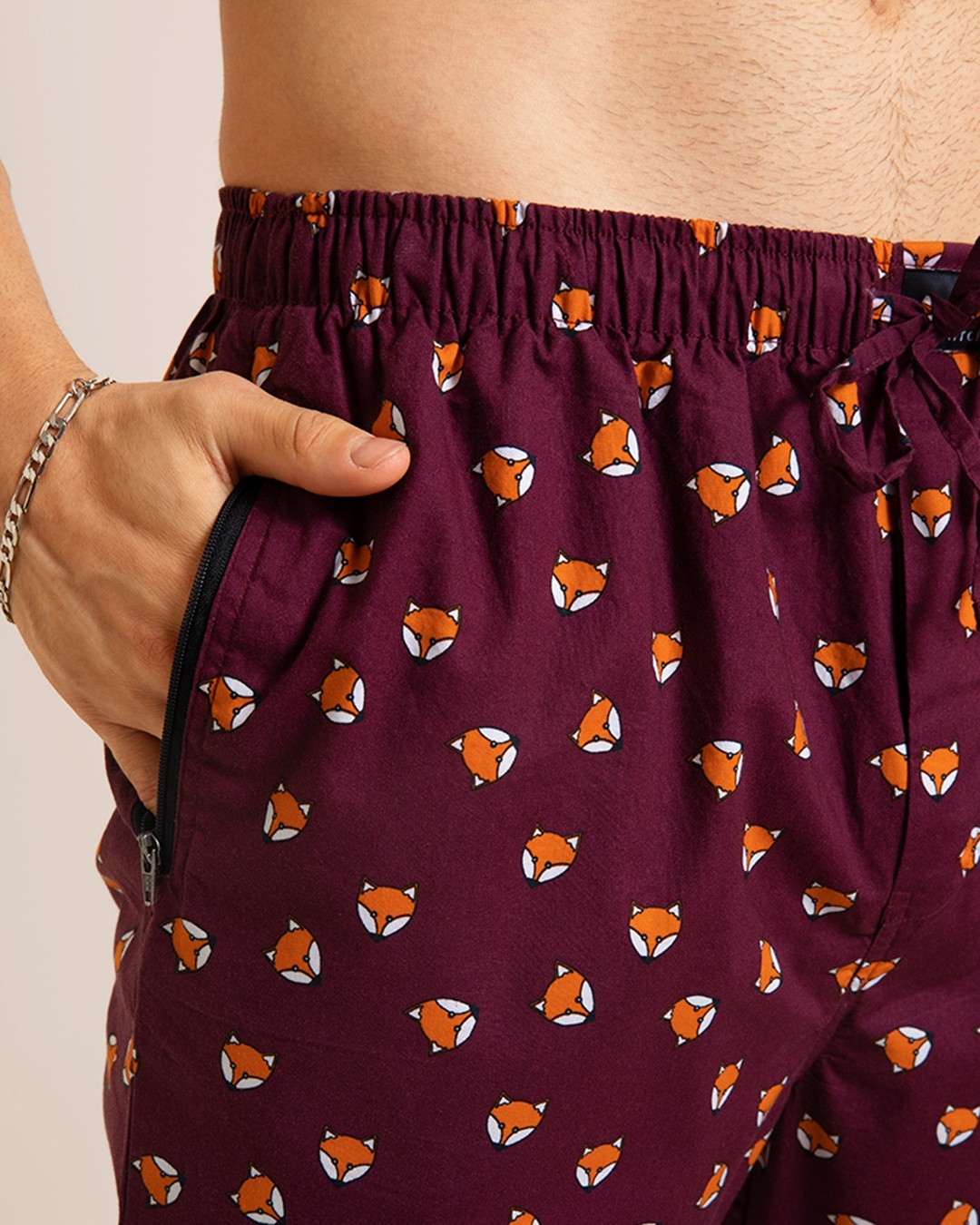 Shop Men's Maroon All Over Fox Printed Slim Fit Pyjamas-Design