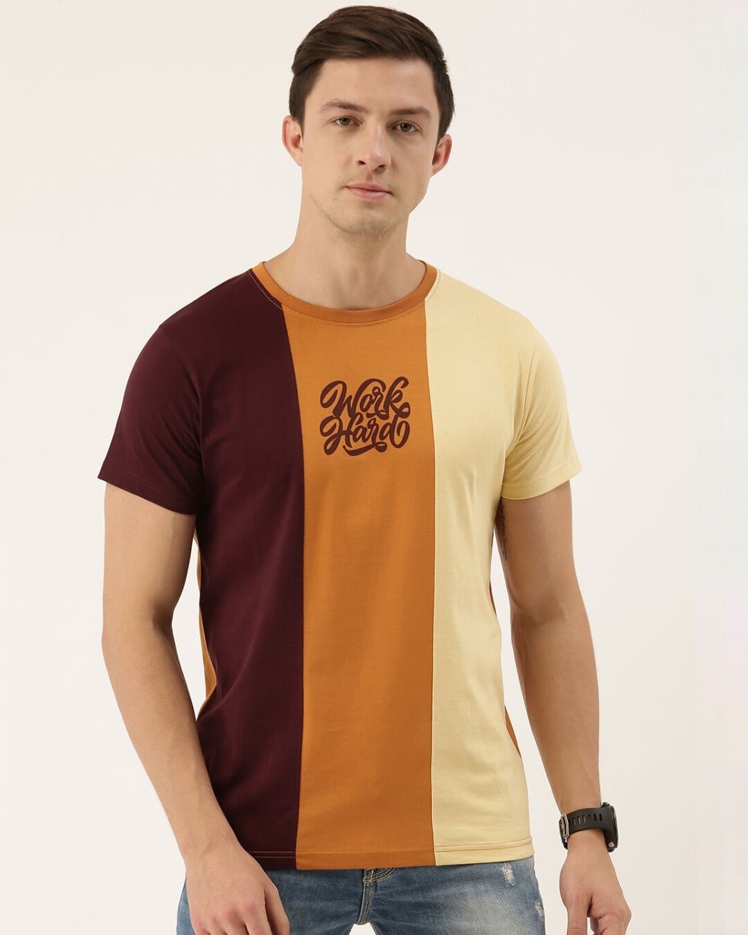 Shop Men's Maroon & Beige Colourblocked T-shirt