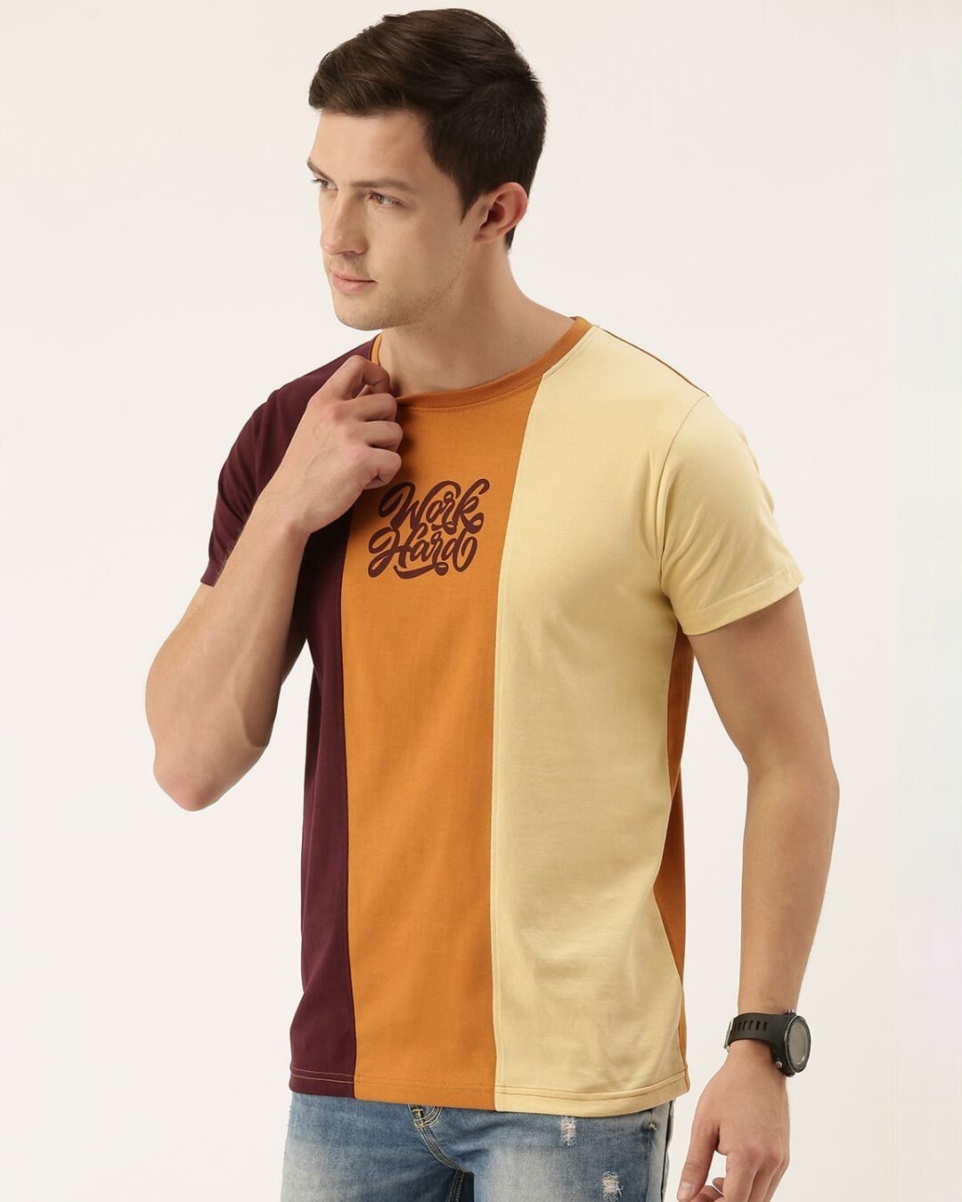Shop Men's Maroon & Beige Colourblocked T-shirt