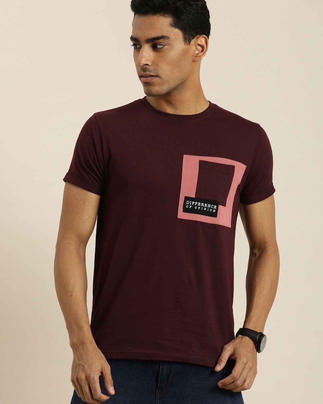 Shop Men's Maroon Color Block T-shirt-Front