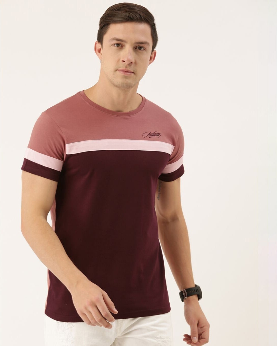 Shop Men's Maroon & Pink Colourblocked T-shirt-Front