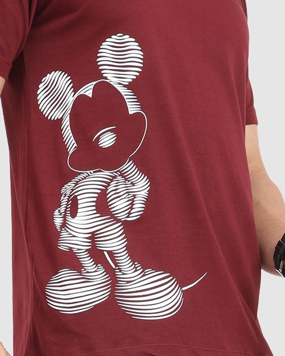 Shop Men's Maroon Stripe Effect Mickey Mouse Printed T-shirt-Full