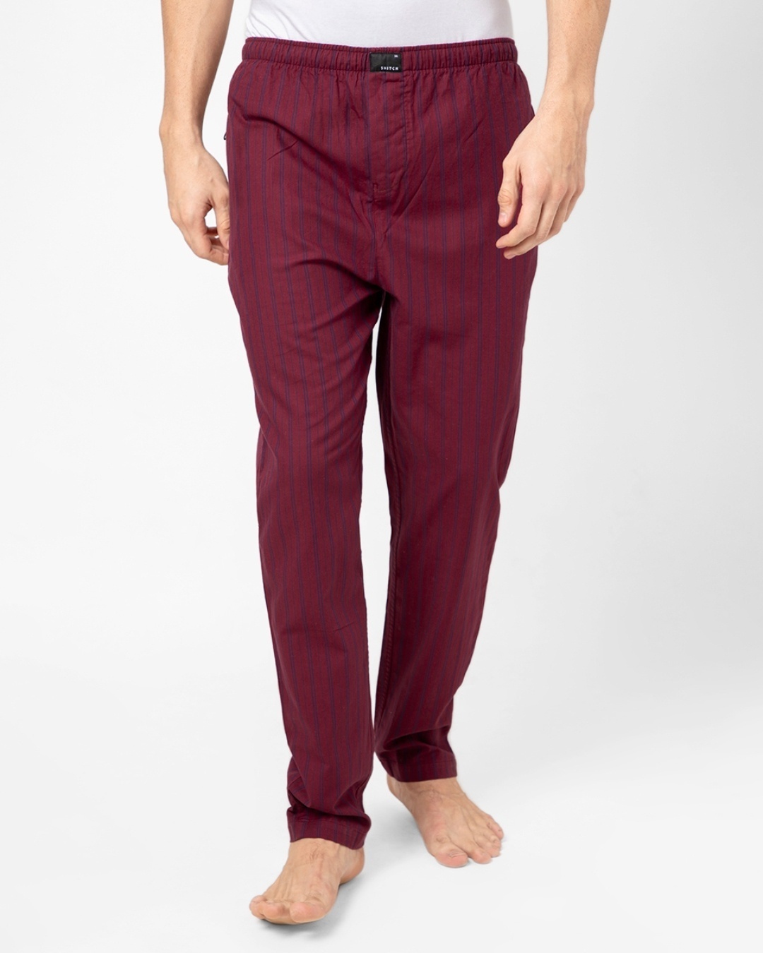 Shop Men's Maroon Striped Cotton Relaxed Fit Pyjamas-Front