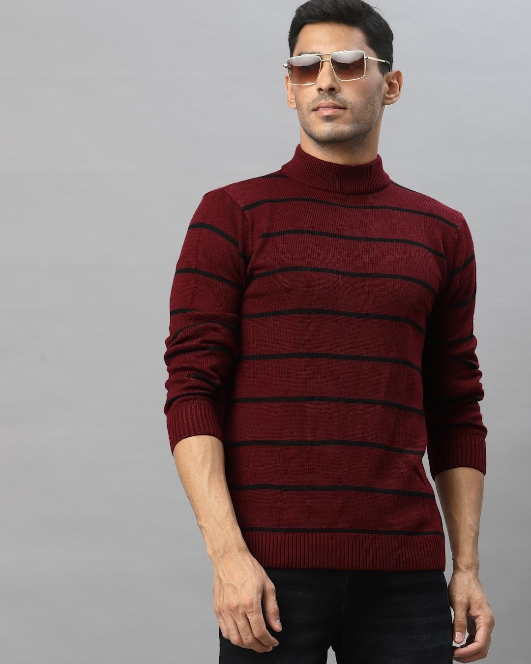 Shop Men's Maroon Striped Sweater-Full