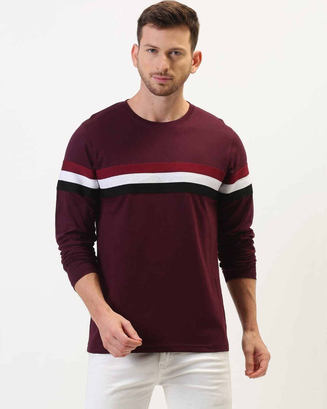 Shop Men's Maroon Striped T-shirt