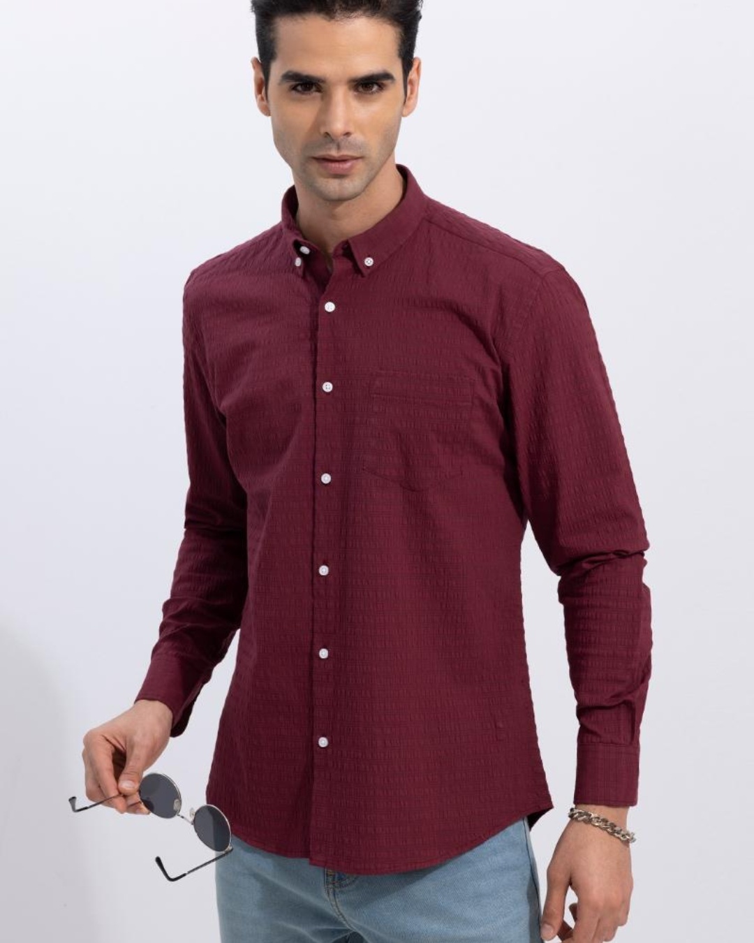 Shop Men's Maroon Textured Cotton Slim Fit Shirt-Front