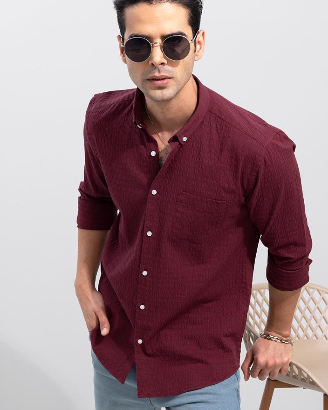 Shop Men's Maroon Textured Cotton Slim Fit Shirt-Full