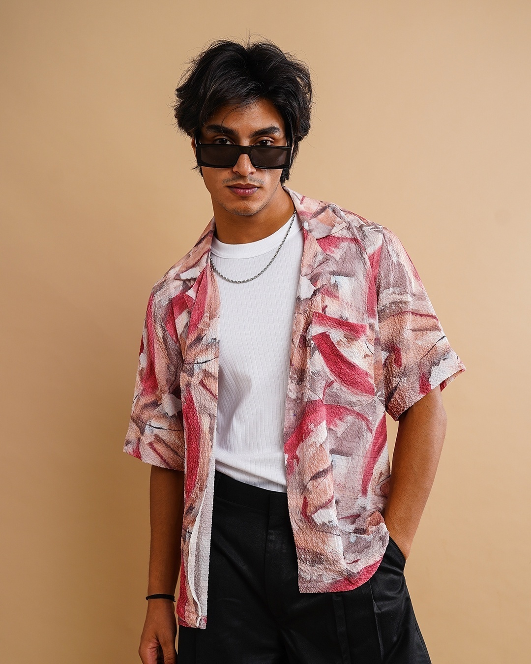 Men's Maroon & White Abstract Printed Oversized Shirt