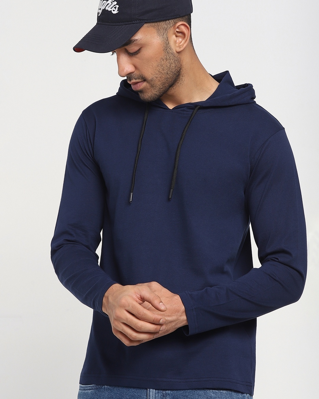 Shop Men's Navy Blue Full Sleeve Hoodie T-shirt-Front