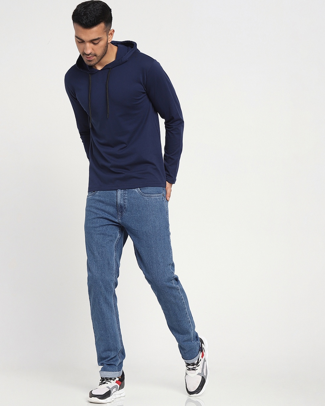 Shop Men's Navy Blue Full Sleeve Hoodie T-shirt-Full