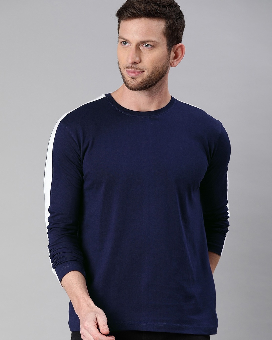 Buy Men's Navy Blue Full Sleeve T-shirt (White Stripe) for Men Blue ...