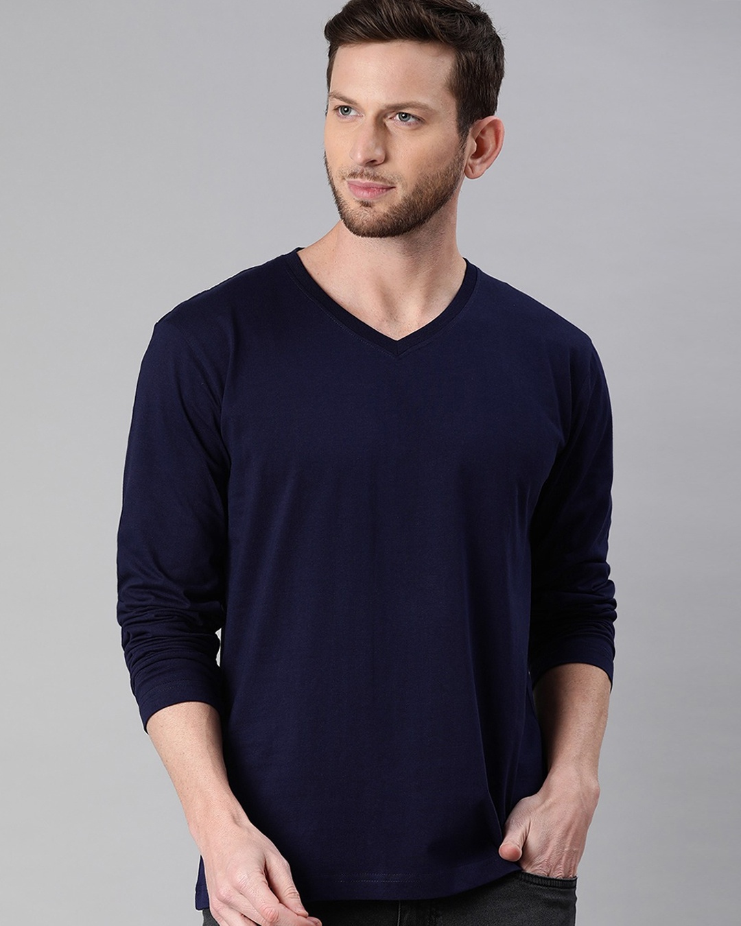 Buy Men's Navy Blue Full Sleeve V Neck T-shirt for Men Blue Online at ...