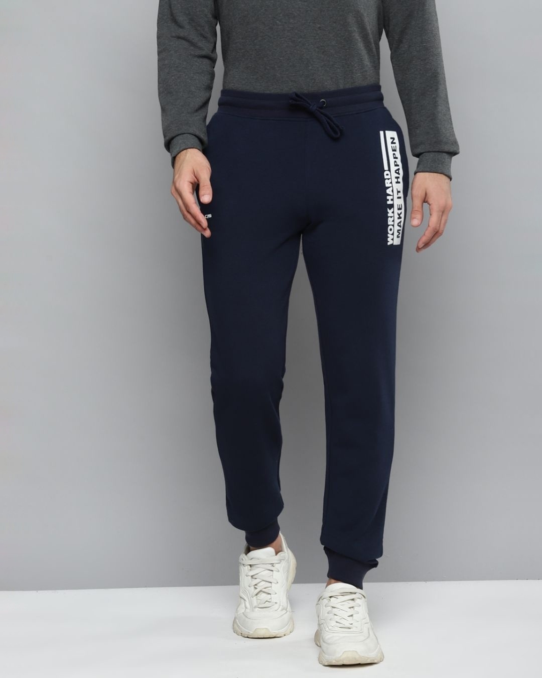 Shop Men's Navy Blue Solid Slim Fit Joggers With Printed Detail-Front