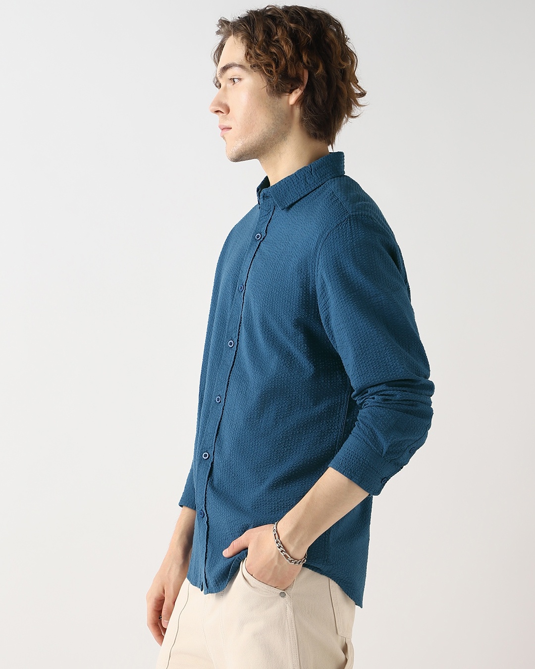Men's Navy Blue Comfort Spread Collar Textured Casual Shirt