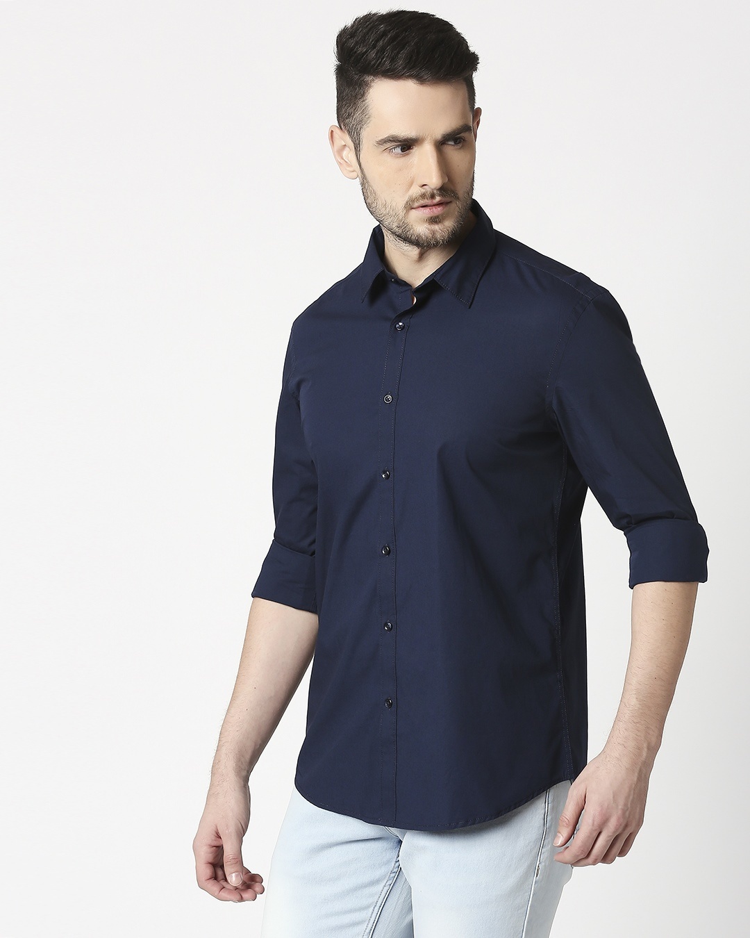 Shop Men's Navy Poplin Lycra Slim Fit Casual Shirt-Design