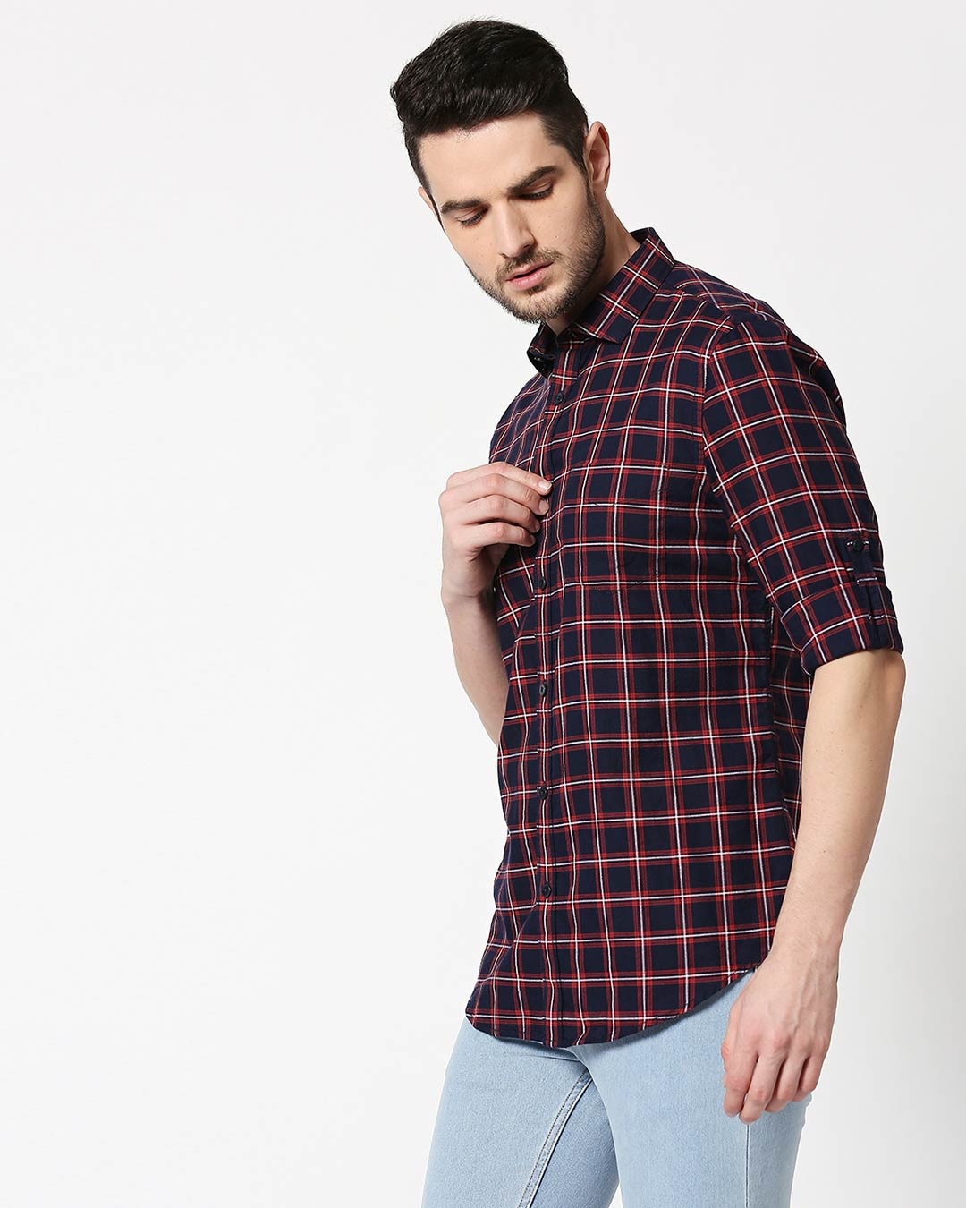 Shop Men's Navy & Red Slim Fit Checked Casual Shirt-Design