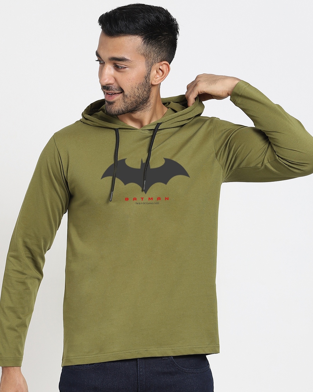 Shop Men's Olive Batman Outline Hoodie T-shirt-Front