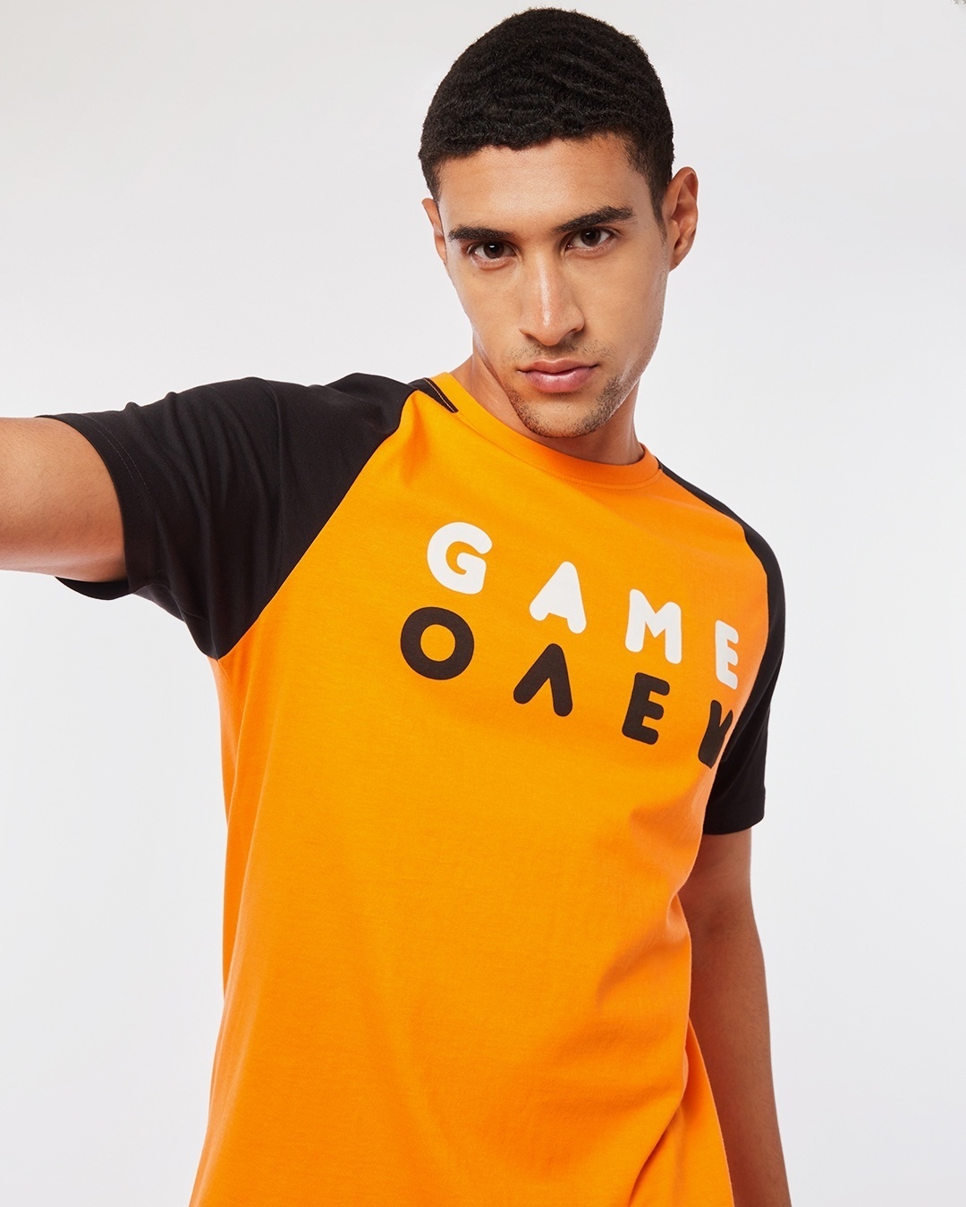 Shop Men's Orange and Black Game Over Color Block Typography T-shirt-Front