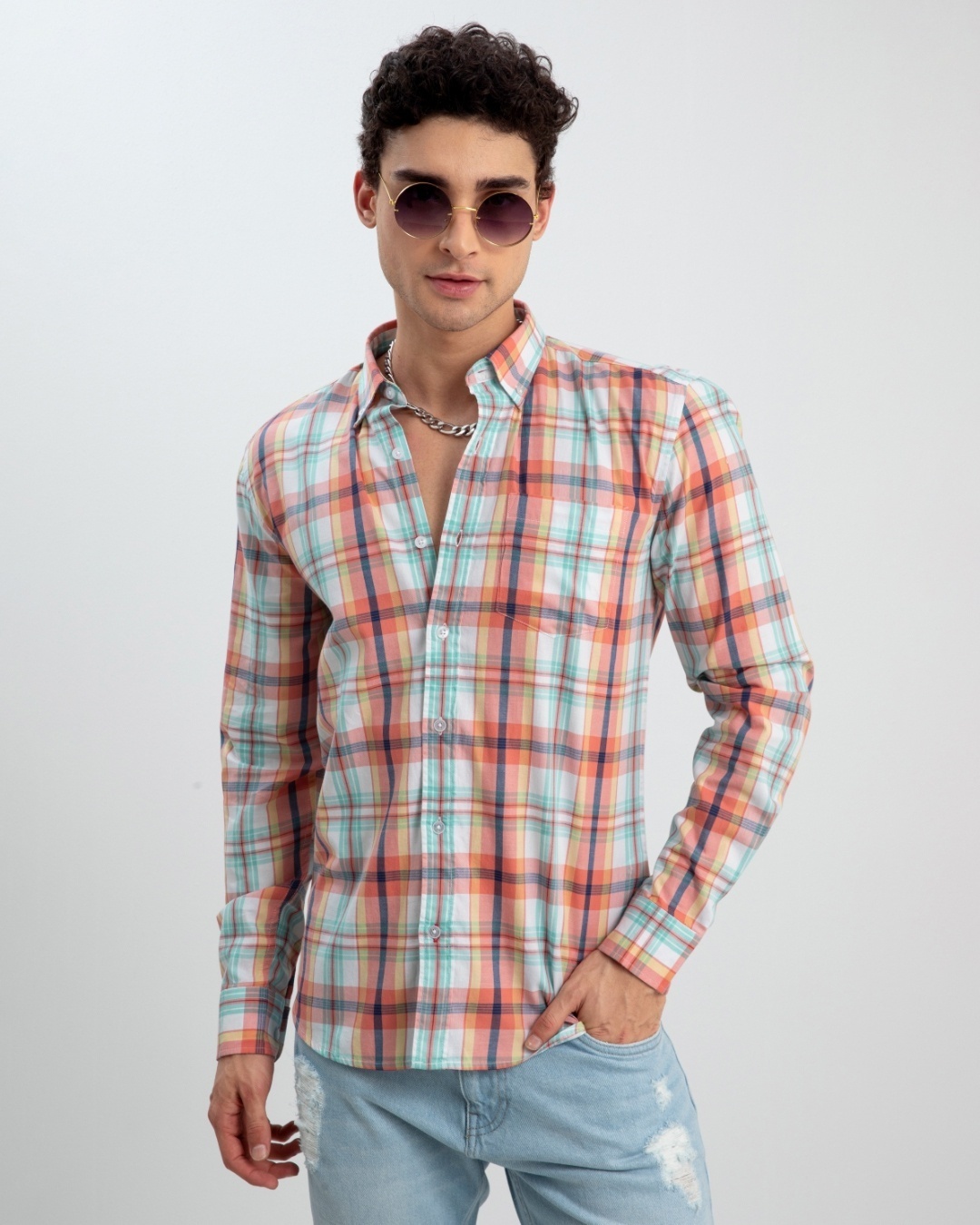 Shop Men's Orange and Blue Checked Shirt-Front
