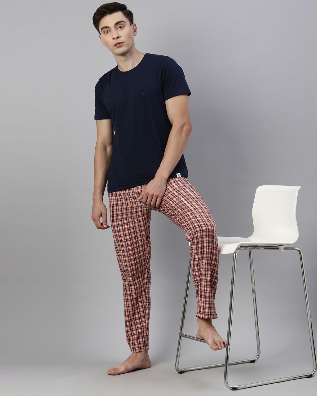 Shop Men's Orange & Blue Checked Cotton Pyjamas-Front