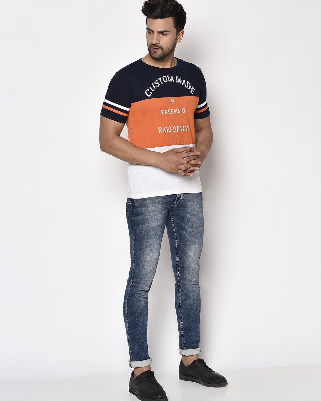 Men's Orange & Blue Color Block Slim Fit T-shirt