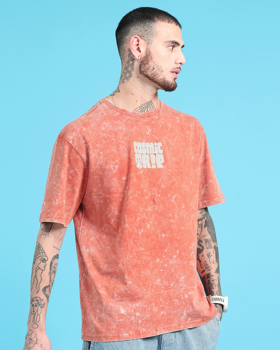 Buy Mens Orange Puff Printed Oversized Acid Wash T Shirt Online At Bewakoof 1637