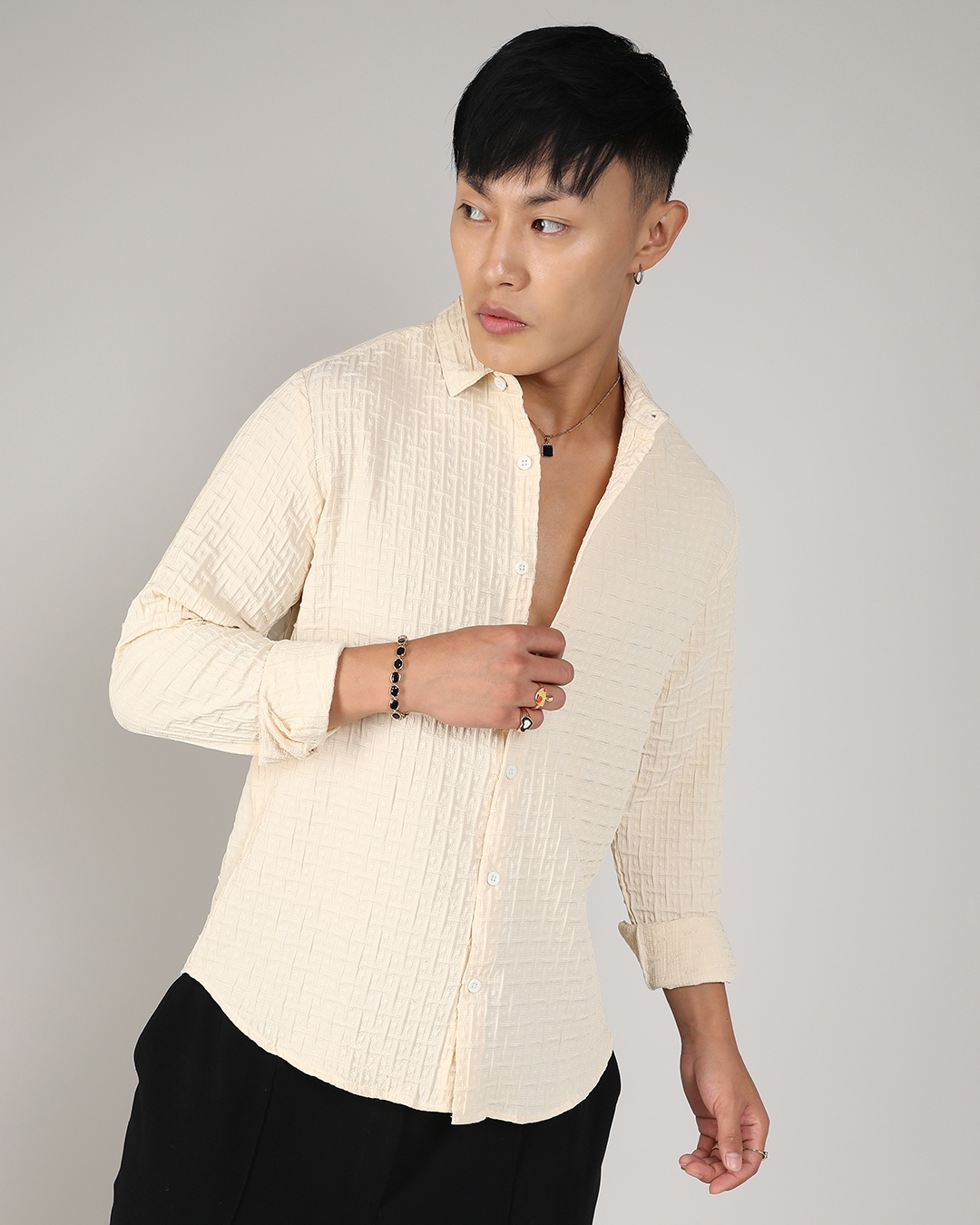 Men's Pale Yellow Textured Relaxed Fit Shirt