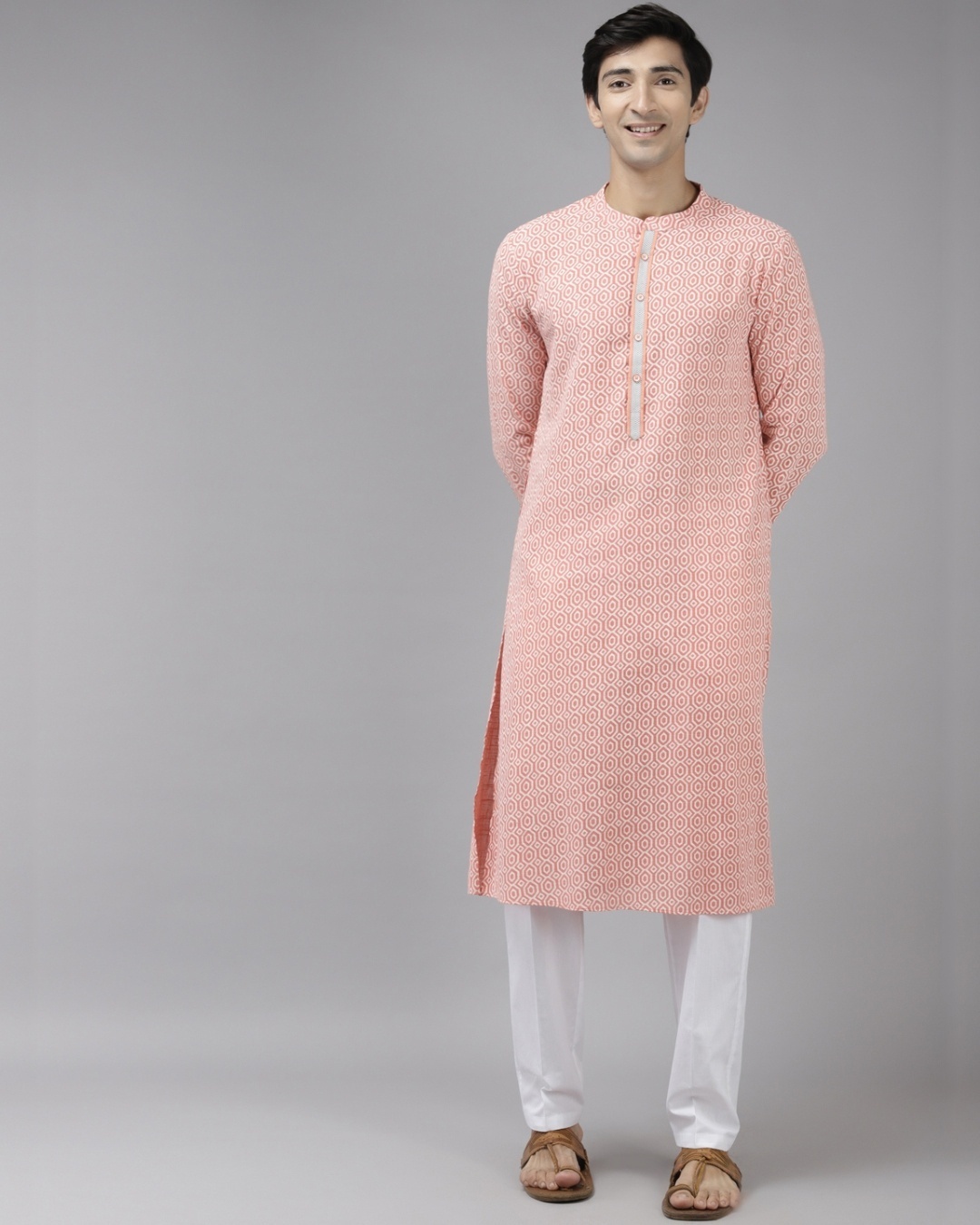 Shop Men's Pink All Over Printed Cotton Kurta-Front