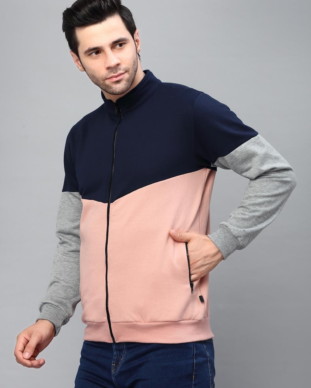 Shop Men's Pink and Blue Color Block Slim Fit Jacket-Back