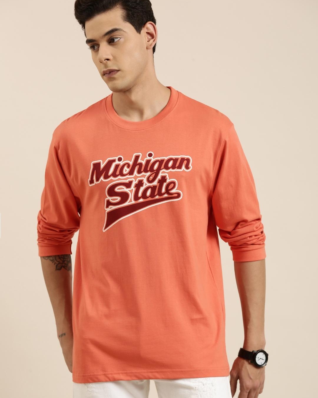 Shop Men's Pink Michigan State Typography Oversized T-shirt-Front