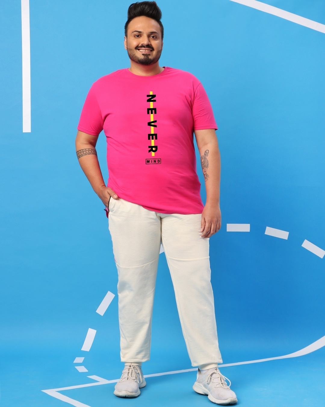 Shop Men's Pink Never Mind Stripe Typography Plus Size T-shirt-Design