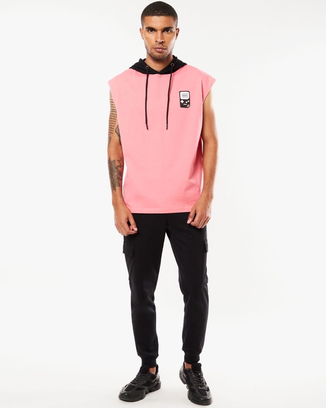 Shop Men's Pink Ready Pocket Printed Oversized Fit Vest Hoodie-Full