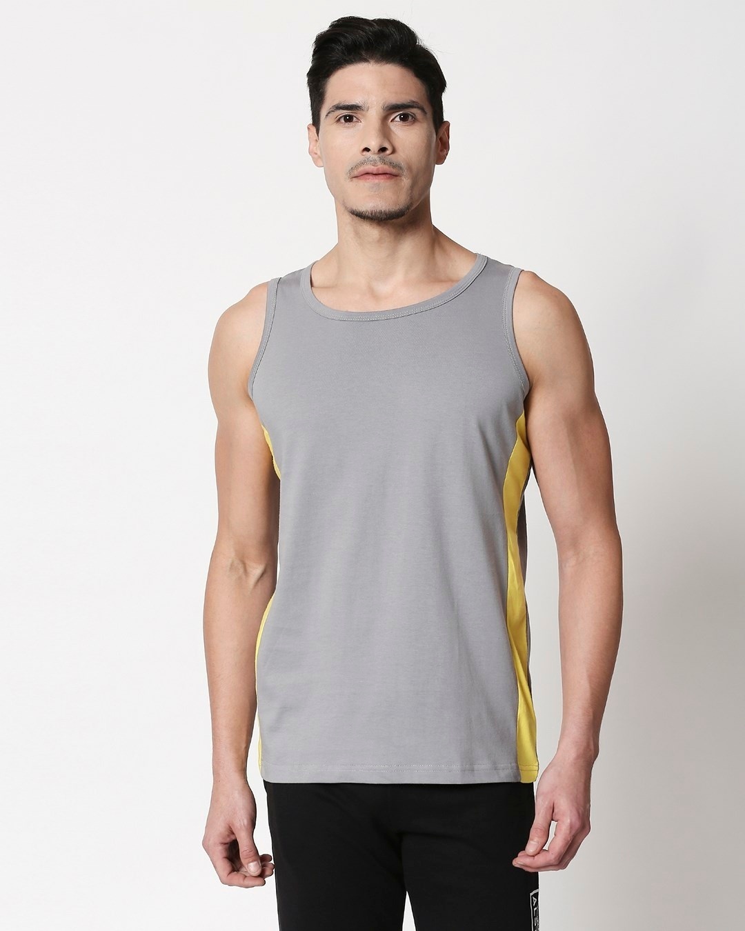 Shop Men's Plain Side Panel Vest (Meteor Grey-Pineapple Yellow)-Front