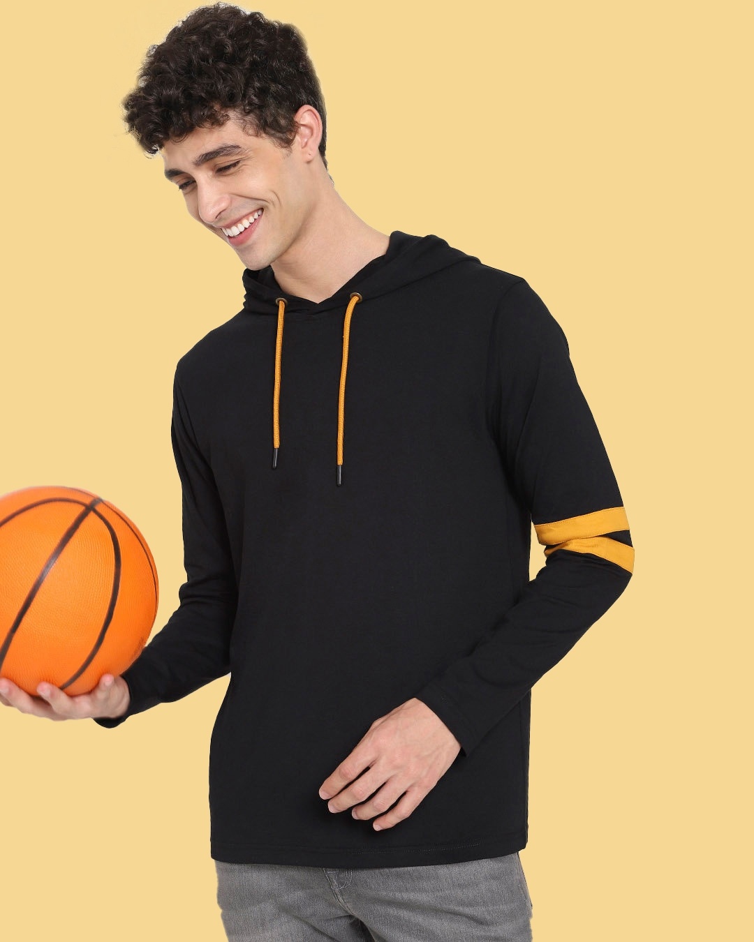 Shop Men's Popcorn Yellow Shoulder Sleeve Stripe Hoodie T-shirt-Front