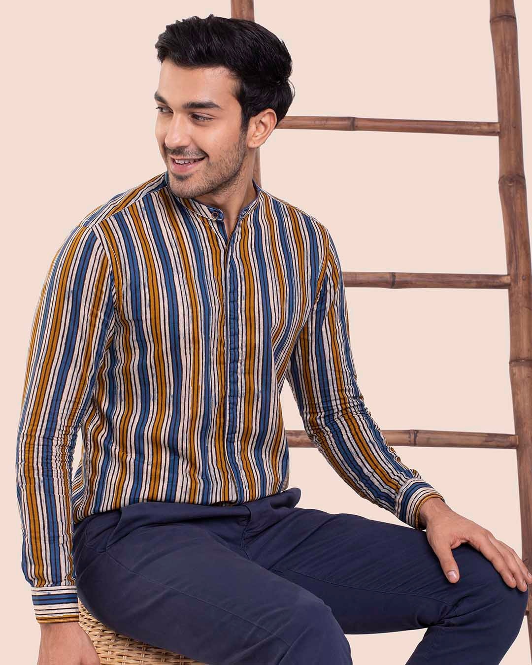 Shop Men's Printed Mandarin Collar Full Sleeves Shirt-Front