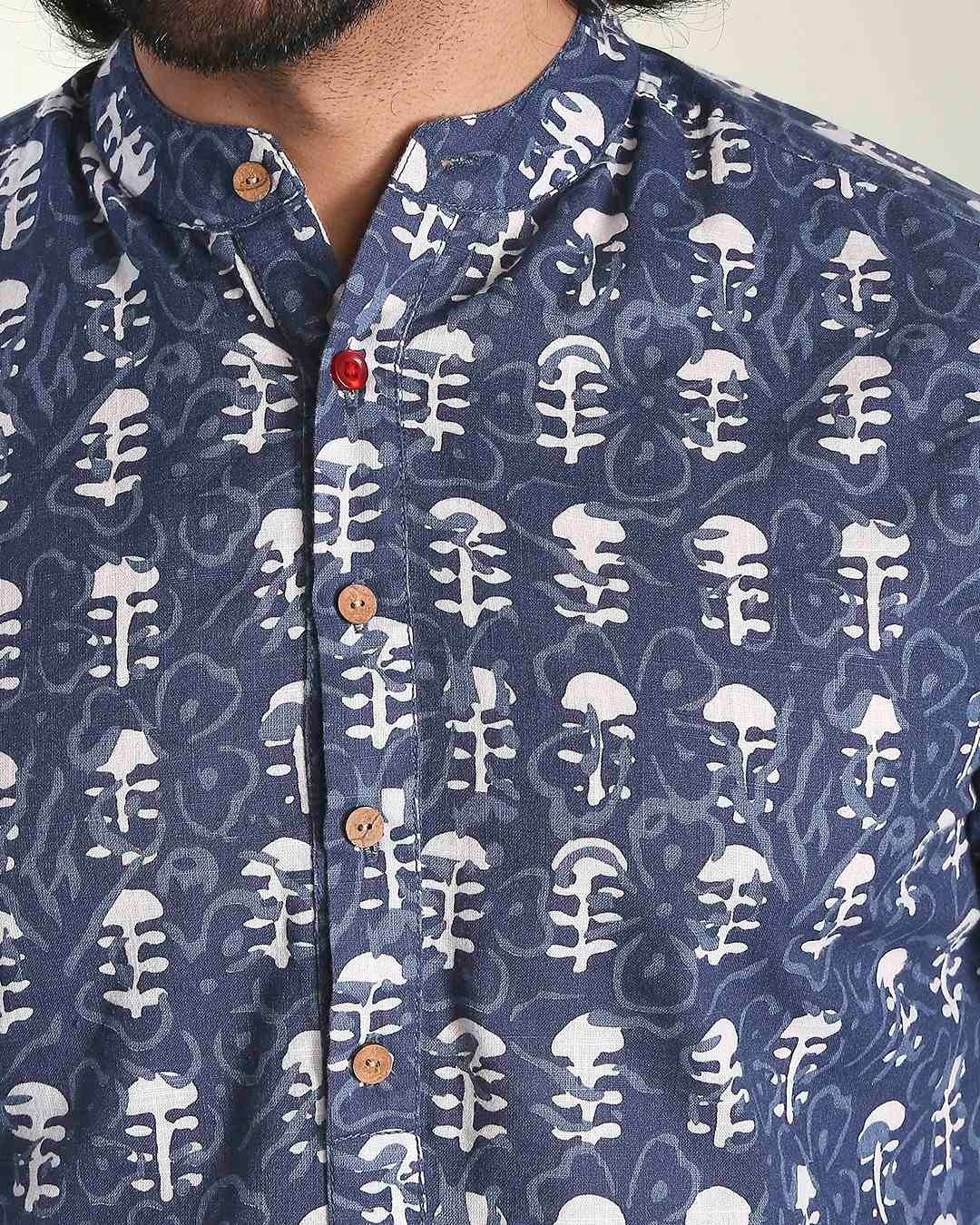 Shop Men's Printed Mandarin Collar Indigo Short Kurta