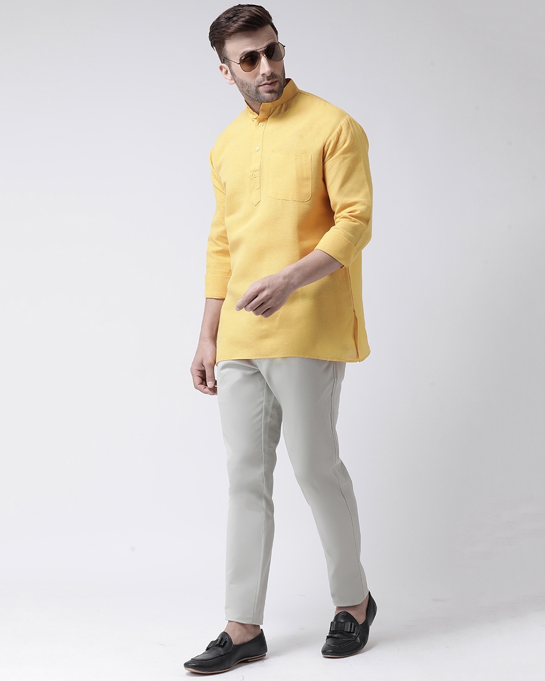 Shop Men's Pure Cotton Solid Short Kurta In Full Sleeve-Front