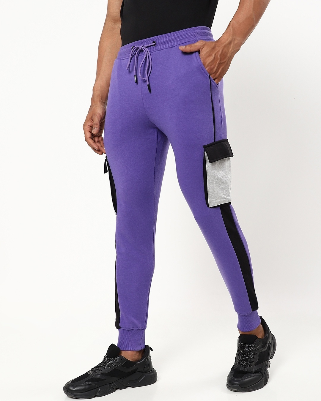 Shop Men's Purple & Black Color Block Joggers-Back