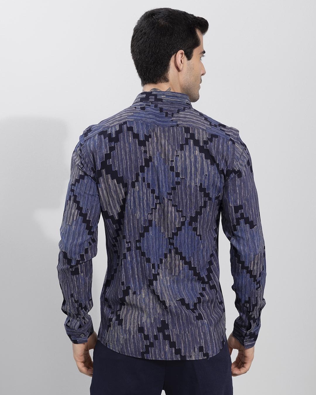 Shop Men's Blue Geometric Printed Slim Fit Shirt-Back