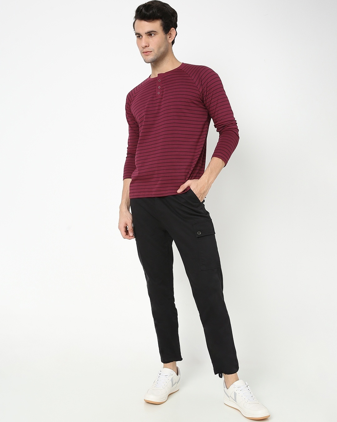 Shop Men's Purple Portion Striped Plus Size Henley T-shirt-Full