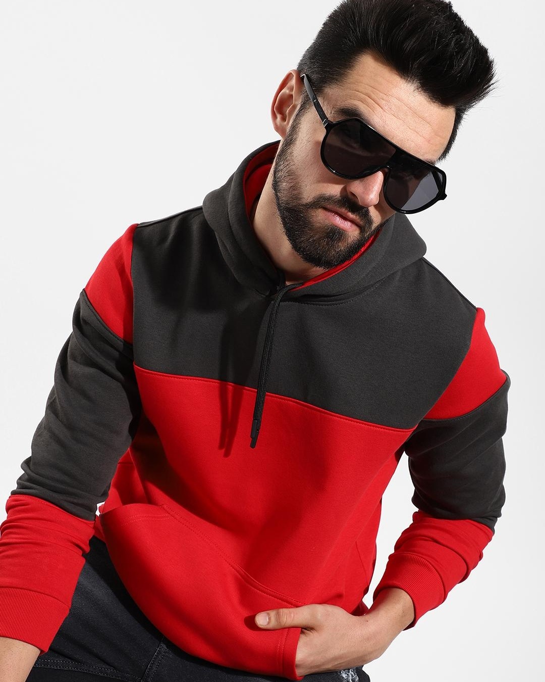 Buy Men's Red and Black Color Block Hoodie for Men Red Online at Bewakoof