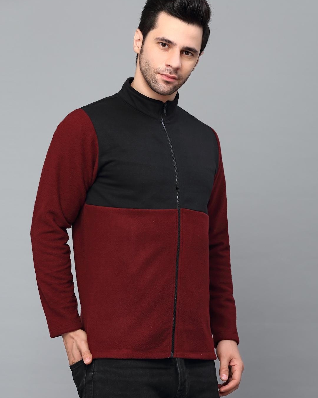 Shop Men's Maroon and Black Color Block Slim Fit Jacket-Design