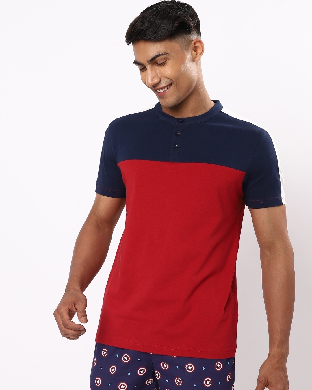 Shop Men's Red and Blue Color Block Henley T-shirt-Back
