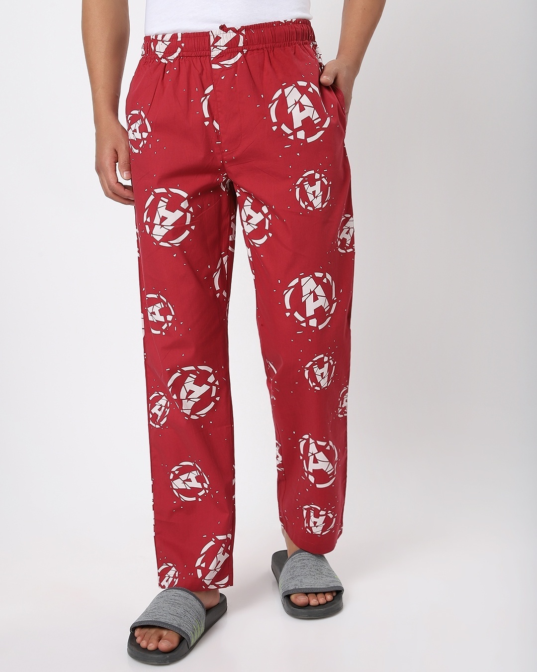 Shop Men's Red Avengers Broken Logo Printed Pyjamas-Front