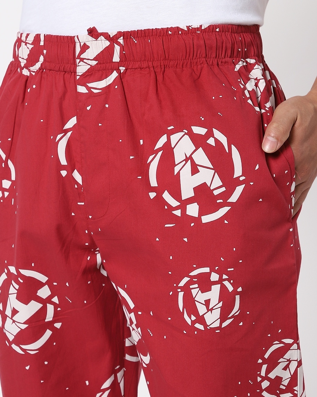 Shop Men's Red Avengers Broken Logo Printed Pyjamas