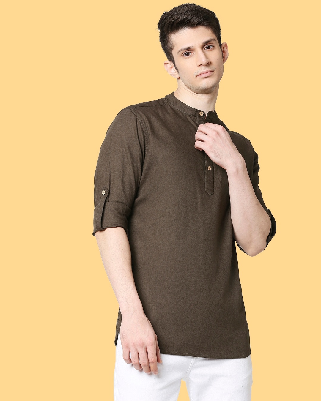 Shop Men's Relaxed Fit Olive Solid Short Kurta-Front