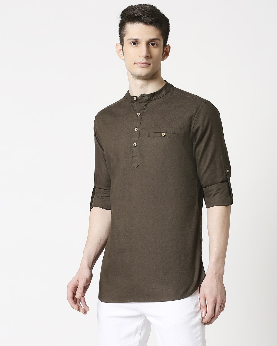 Shop Men's Relaxed Fit Olive Solid Short Kurta-Design
