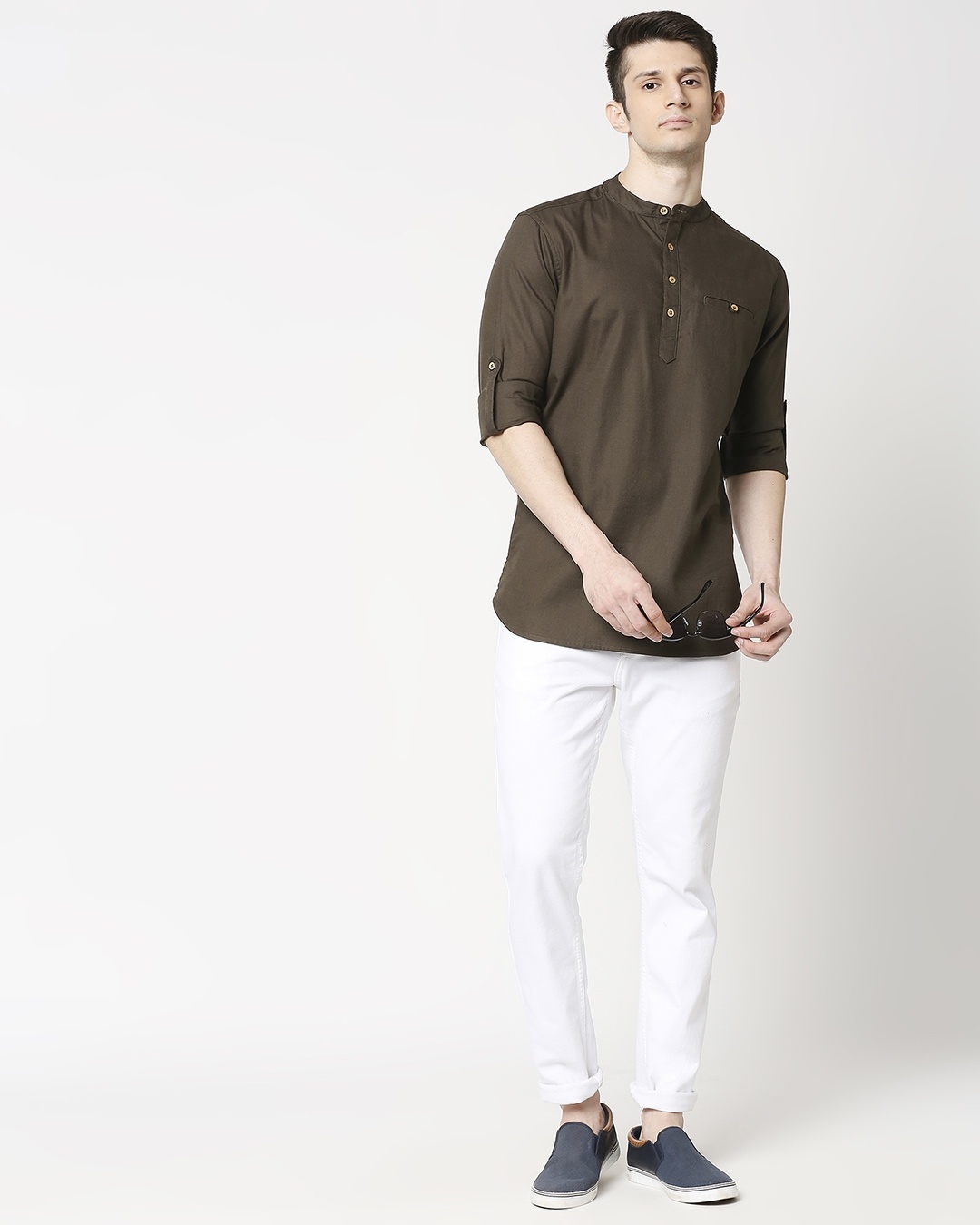 Shop Men's Relaxed Fit Olive Solid Short Kurta